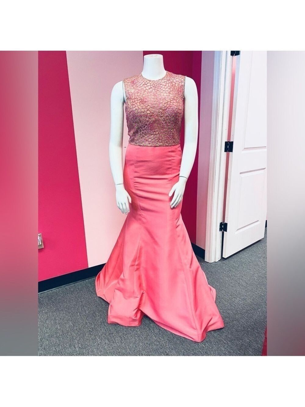 Size 14 Sherri Hill Coral Pink 2 piece Prom Dress Mermaid Gown Pageant